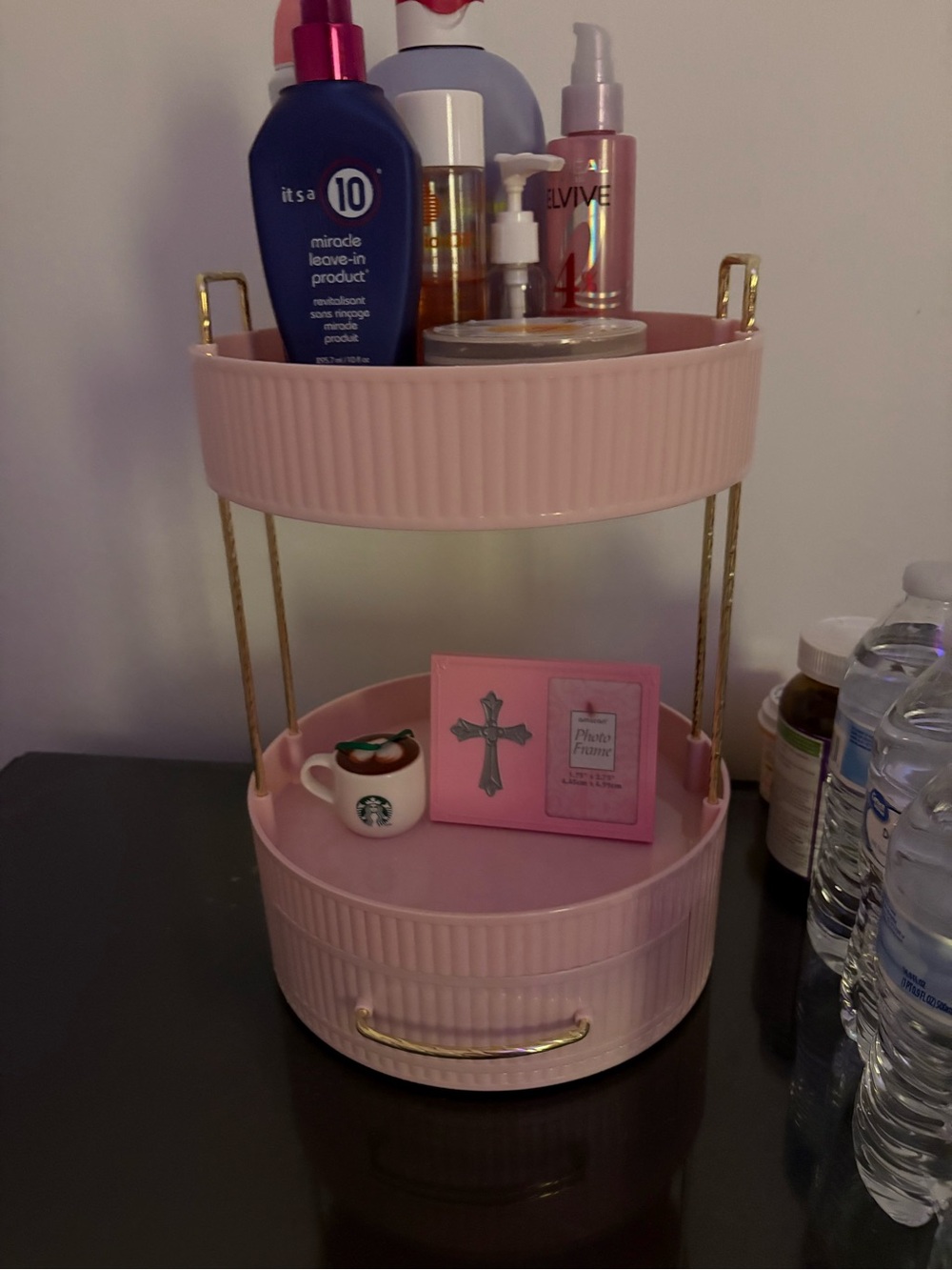 Pink Two-Tier Vanity Organizer with Gold Accents